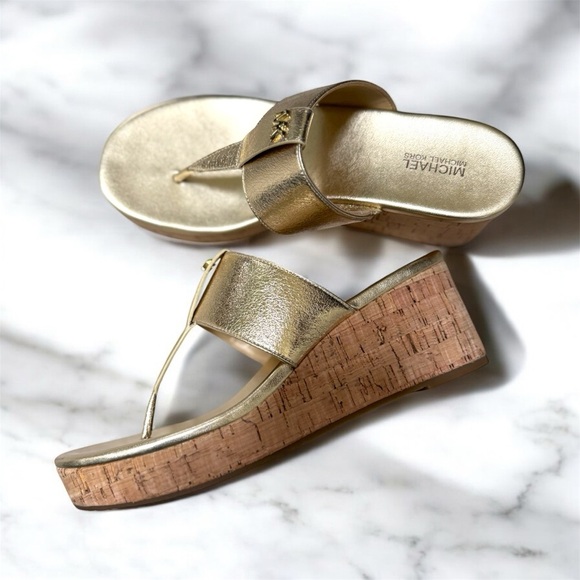 Michael Kors Metallic Gold Wedge Cork Platform Summer Sandals Size 7.5 - Picture 3 of 6